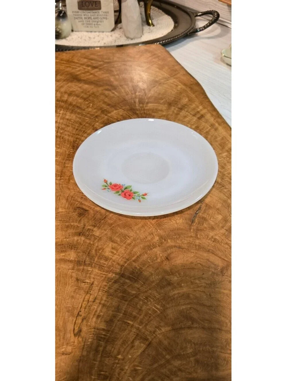 Anchor Hocking Fire-King Milk Glass Saucer with Pink Rose Floral Design